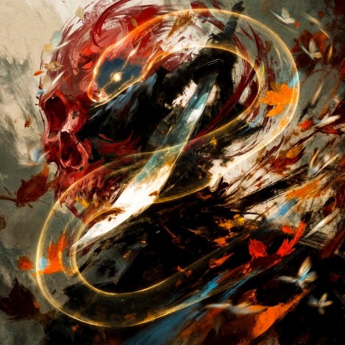 An abstract painting features swirling strokes of red, black, and orange intersected by glowing golden rings and scattered leaf-like shapes.