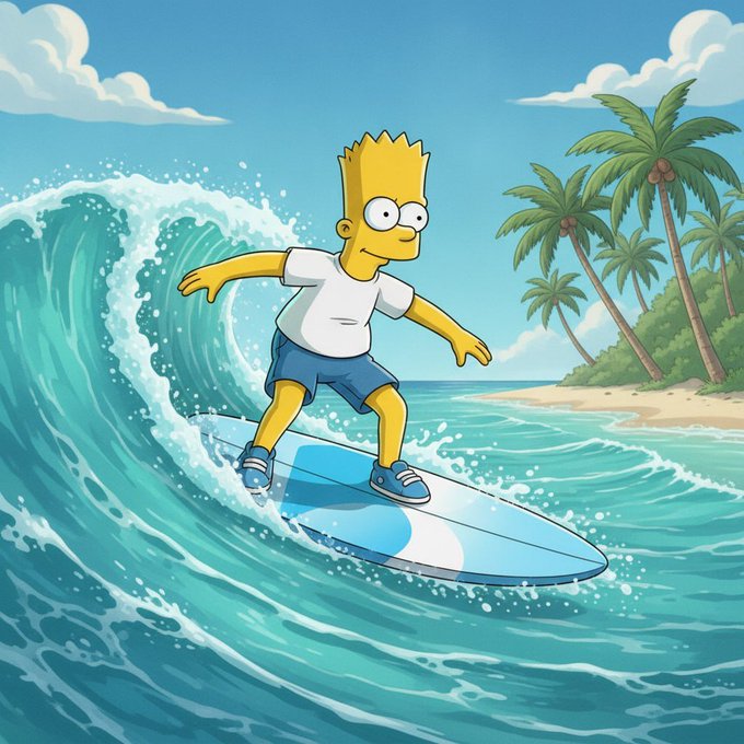 A cartoon illustration of Bart Simpson surfing on a blue surfboard riding a turquoise wave, with palm trees and a sandy beach in the background.