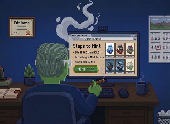 A green-skinned character sits at a desk browsing brokerz.homes, where a "Steps to Mint" guide instructs users to buy $BRKZ, activate Mint Access, and mint their BROKERZ NFT for free. The pixel art scene ties into the announcement of an upcoming $BRKZ token presale and NFT mint event on the project's official website.