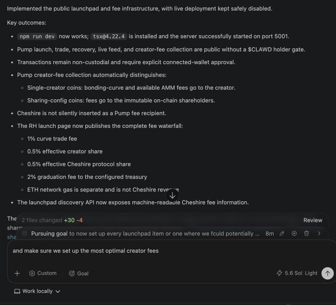 A dark-themed code editor or AI assistant interface showing key outcomes for a public launchpad and fee infrastructure implementation, noting that `npm run dev` now works with tsx@4.22.4 on port 5001, transactions remain non-custodial, and detailing fee distribution (1% curve trade fee, 0.5% creator share, 0.5% Cheshire protocol share, 2% graduation fee).