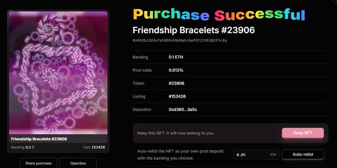 A 'Purchase Successful' screen for an NFT called 'Friendship Bracelets #23906' bought for 0.1 ETH on OpenSea.
