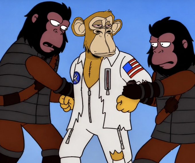 An animated illustration showing two large dark-furred gorilla-like guards in grey vests restraining a tired-looking chimpanzee wearing a white NASA spacesuit featuring the US flag patch.