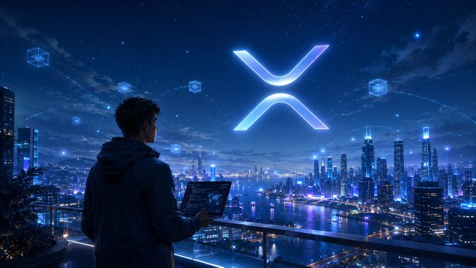 A silhouetted figure overlooks a futuristic, glowing blue cityscape beneath a massive, luminous "X" hovering in the night sky, with a laptop displaying data in their hands. The image visually echoes the post's theme of XRP symbolizing a next-generation financial infrastructure rising above a city still rooted in older systems.