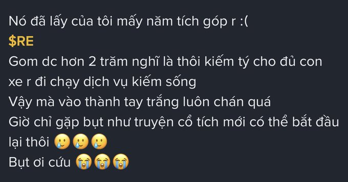 A screenshot of a Vietnamese social media post complaining about taking several years to save up 200 million VND for a down payment on a car, only to lose it all in stocks, jokingly asking the 'Bút' (Bố) for help with crying emojis.