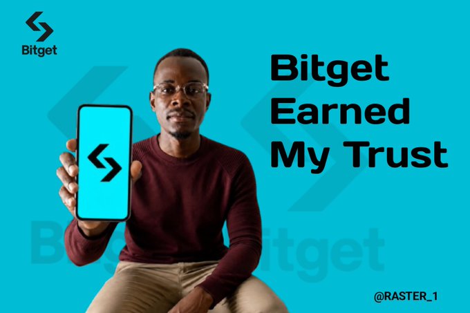 An advertisement with a man holding a phone displaying the Bitget logo, accompanied by the text 'Bitget Earned My Trust' on a blue background, tagged '@RASTER_1'.