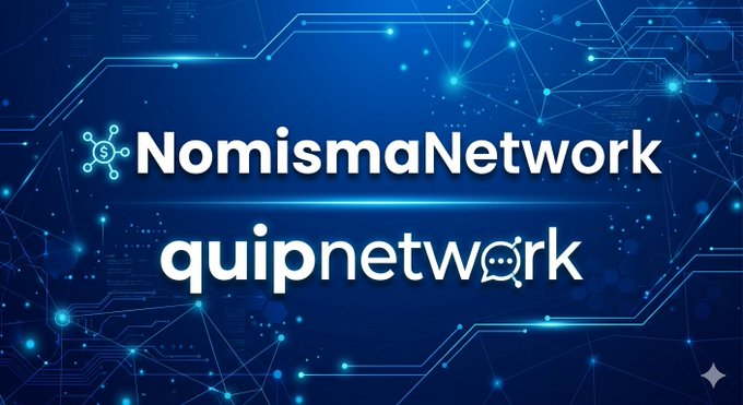 The image features a blue background with white text that reads "NomisamaNetwork Quipnetwork". The text is centered, making it easy to read. There are also some stars scattered throughout the image, adding an interesting visual element. The overall layout of the image suggests that it could be part of a social media post or advertisement related to Nomisama Network and their Quip network.