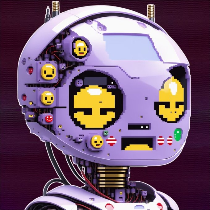 A pixel-art style illustration of a purple robotic head with a digital smiley face on its screen, surrounded by various smaller emoji-like faces on its circuit-like exterior.