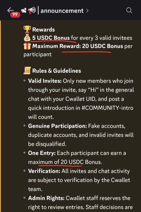 A screenshot of a cWallet announcement detailing the rewards and rules for a promotional event, highlighting 5 USDC Bonus per 3 valid invites with a maximum cap of 20 USDC Bonus per participant, and listing guidelines such as requiring users to join through invites, participate genuinely, and submit valid entries in Discord.