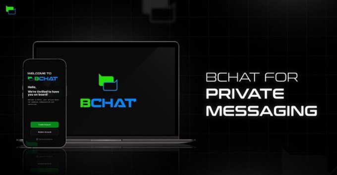 Promotional graphic for BCHAT messaging app showing a laptop and smartphone displaying the welcome screen with the tagline 'BCHAT FOR PRIVATE MESSAGING' on a dark background.