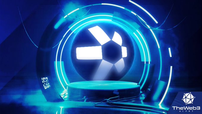 A futuristic, neon-blue digital scene showcases a glowing stage with a stylized symbol resembling the Quant ($QNT) logo at the center, surrounded by circular light beams and a digital display reading "112." Branded with "TheWeb3 Alerts" in the corner, the image visually reinforces the post's message about the rising prominence of Quant ($QNT).