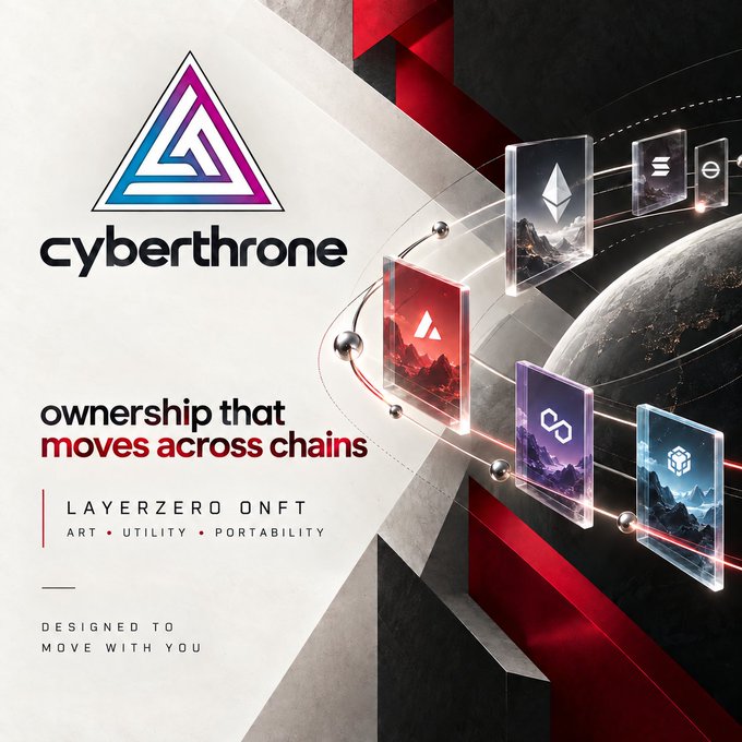 Marketing graphic for 'cyberthrone' featuring a colorful triangular logo and the tagline 'ownership that moves across chains.' It promotes 'LayerZero ONFT' with descriptors 'ART • UTILITY • PORTABILITY' and 'DESIGNED TO MOVE WITH YOU,' showing floating crypto/chain icons orbiting a planet.