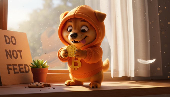 A cartoon dog in an orange hoodie stands on a windowsill holding a gold Bitcoin symbol, with a 'DO NOT FEED' sign and a small potted plant nearby.