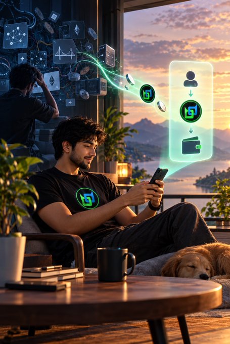 A digital illustration shows a man using a smartphone with a holographic wallet interface, while another figure behind him interacts with blockchain/crypto graphics floating in the air.