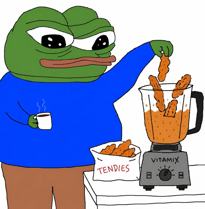A cartoon frog character in a blue shirt is putting chicken tenders from a bag labeled 'TENDIES' into a Vitamix blender while holding a cup of steaming coffee.