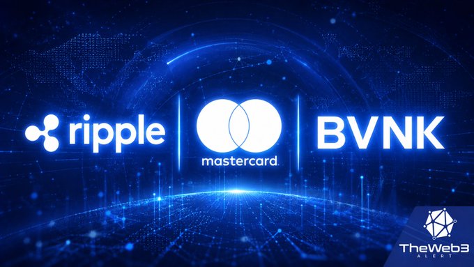 A promotional graphic featuring logos for Ripple, Mastercard, and BVNK on a blue digital background with The Web3 Alerts branding in the corner.