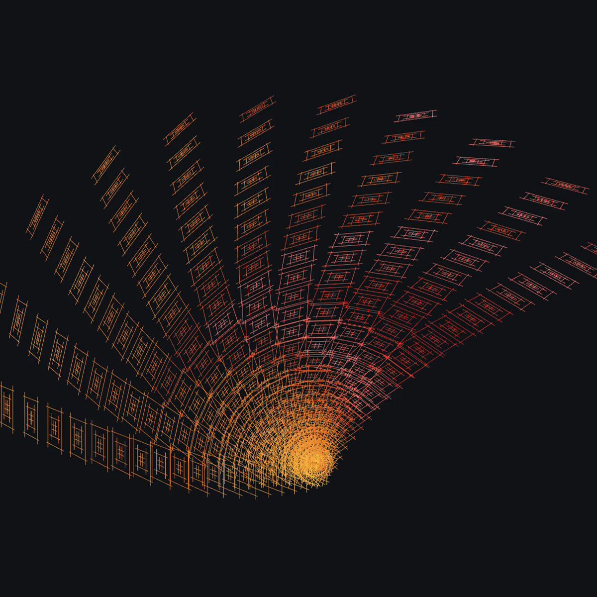The image features a large, abstract design with many small lines and shapes that create an intricate pattern against a black background. The design appears to be composed of numerous squares or rectangles arranged in a circular fashion, giving it a sense of depth and dimension. The colors used are predominantly orange and red, which stand out prominently against the dark backdrop. The image is accompanied by a caption that reads "focus on what is in the image and how it relates to the post 'nothing i can' t fix mint ↓".