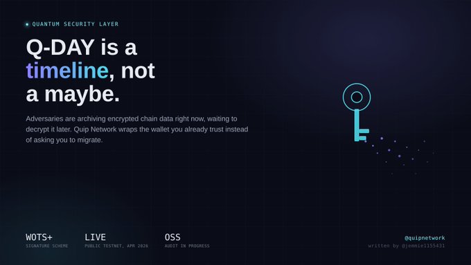 A dark webpage from Quip Network about quantum security states 'Q-DAY is a timeline, not a maybe' with text about adversaries archiving encrypted chains, featuring a key icon.