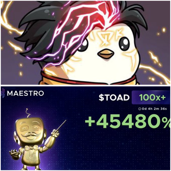 A meme featuring an anime-style chick with a purple energy hand above a Maestro token ($TOAD) chart showing an extraordinary +45480% gain with a 100x+ multiplier over 4 hours 2 minutes 36 seconds.