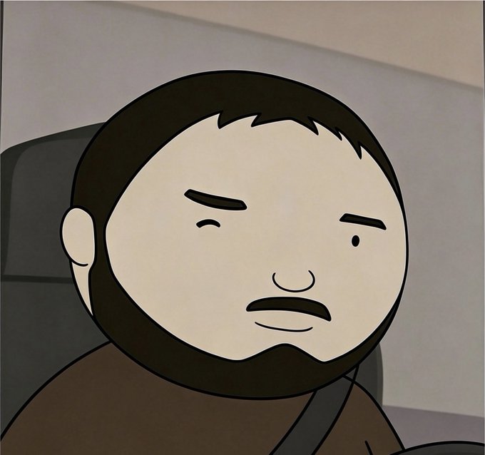 A cartoon-style animated character with a beard and a skeptical, unimpressed facial expression, looking off to the side.