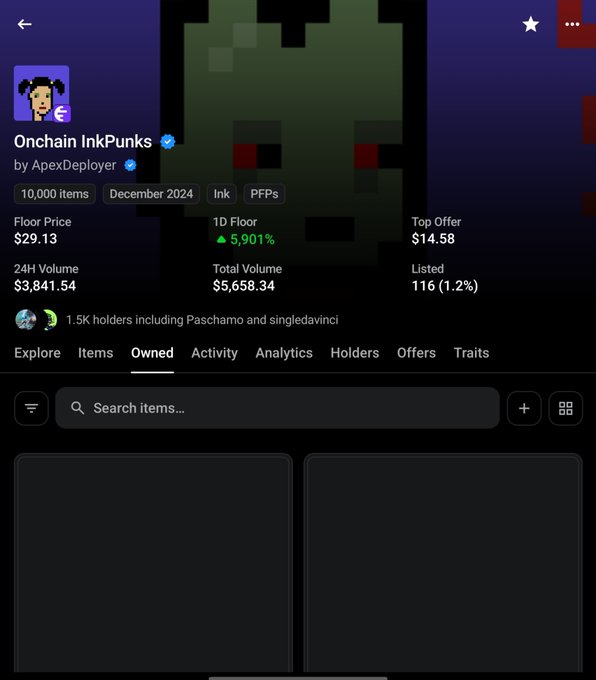 A mobile screenshot of the OpenSea NFT marketplace showing the "Onchain InkPunks" collection by ApexDeployer, with a 10,000 item supply, a floor price of $29.13, a 1D floor change of 5,901%, and a 24H Volume of $3,841.54.