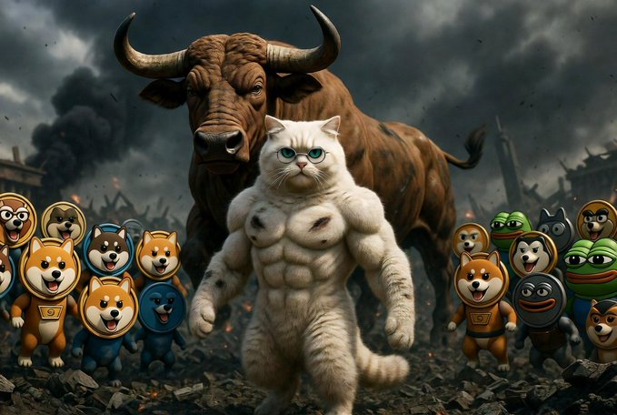 We need to write a concise 1-2 sentence caption describing the image, include any key text, numbers, tickers or names visible. The accompanying post says: "the bulls will run this market soon. $Hachiko $CREPE $OCICAT  $WKC  $ClipX $GTAN $CaptainBNB   $DOGE  $SHIB  $PEPE". Note how the image relates to it.

We need to incorporate the visible text. The image includes many meme characters with coin logos. There's likely text on the characters: "Shiba Inu" etc. But the post includes tickers: $Hachiko, $CREPE, $OCICAT, $WKC, $ClipX, $GTAN, $CaptainBNB, $DOGE, $SHIB, $PEPE. The image likely features a muscular cat (maybe $OCICAT) and a bull (maybe $Hachiko