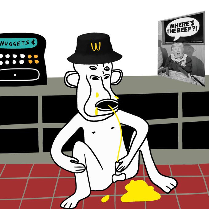 A nude Wojape character wearing a McDonald's-style "W" hat sits on a tiled floor vomiting yellow fluid, referencing the classic "Where's the beef?!" ad poster displayed on the wall behind him. The background also features a cash register labeled "NUGGETS ¢," tying the fast-food satirical fan art together.