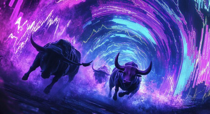 A surreal digital artwork depicting charging bulls in a vibrant, swirling purple and cyan tunnel with glowing abstract patterns and neon lights.