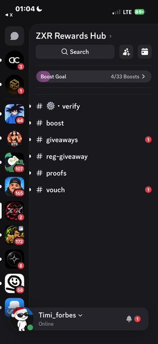 Discord mobile app screenshot displaying the 'ZXR Rewards Hub' server with channels like #verify, #boost, #giveaways, and a 'Boost Goal' of 4/33 Boosts.
