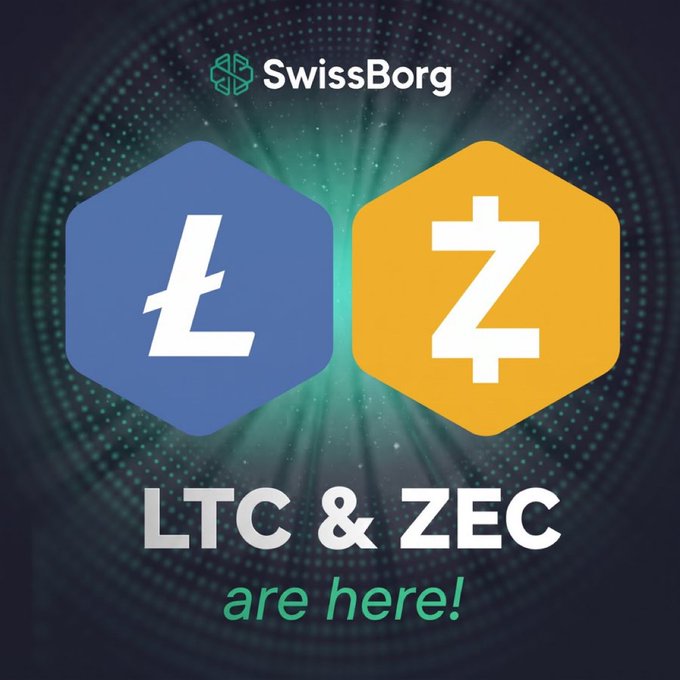 A promotional graphic from SwissBorg announcing 'LTC & ZEC are here!' featuring the Litecoin and Zcash cryptocurrency logos.