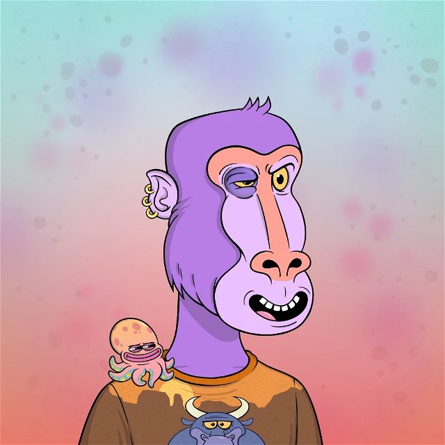 A cartoon NFT-style illustration of a purple monkey character with an earring, an octopus, and a small bull wearing a shirt.