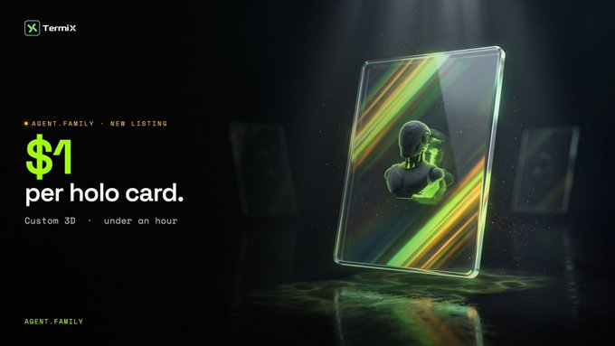 An advertisement for TermiX offering '$1 per holo card' with custom 3D designs delivered in under an hour, featuring a holographic display card with a green and black figure.