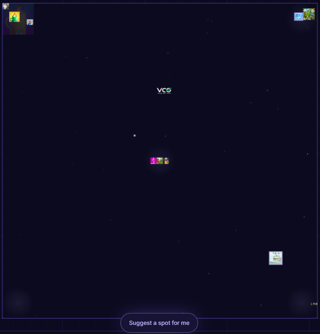 A screenshot of a web-based multiplayer game or virtual space with a dark starry background, showing player avatars labeled 'VC' and a small group of emoji-like figures, with a 'Suggest a spot for me' button at the bottom.