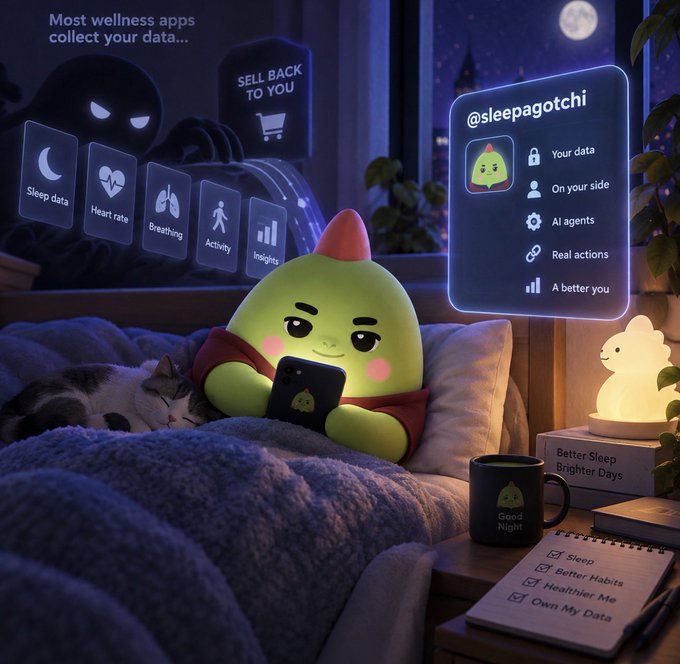 A green dinosaur mascot named @sleepagotchi checks a phone in bed next to a sleeping cat, contrasted against a shadowy figure hoarding "Sleep data," "Heart rate," "Breathing," "Activity," and "Insights," with a glowing panel highlighting that the app offers "Your data," "On your side," "AI agents," "Real actions," and "A better you." The image visually reinforces the post's message by depicting how most wellness apps collect and sell back user data, while positioning @sleepagotchi as a privacy-focused alternative with a checklist including "Sleep," "Better Habits," "Healthier Me," and "Own My Data."