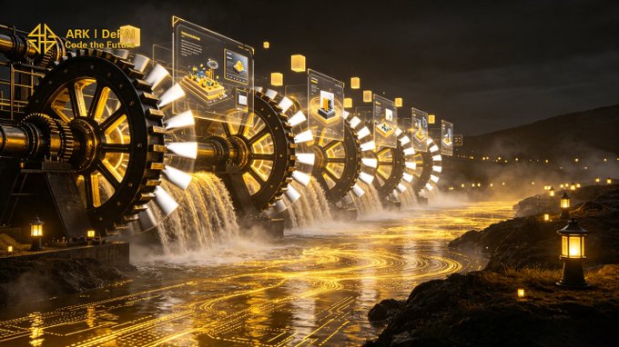 The image depicts a series of glowing golden watermills with digital interfaces floating above them, set against a dark landscape with lanterns lining the riverbank, alongside the text "ARK | DeFi Code the Future." This visual metaphor of continuously turning gears perfectly complements the post's message about real growth being driven by steady execution and the ongoing, cumulative work of AI Agents within the Arkie AI App to keep the ARK ecosystem advancing.