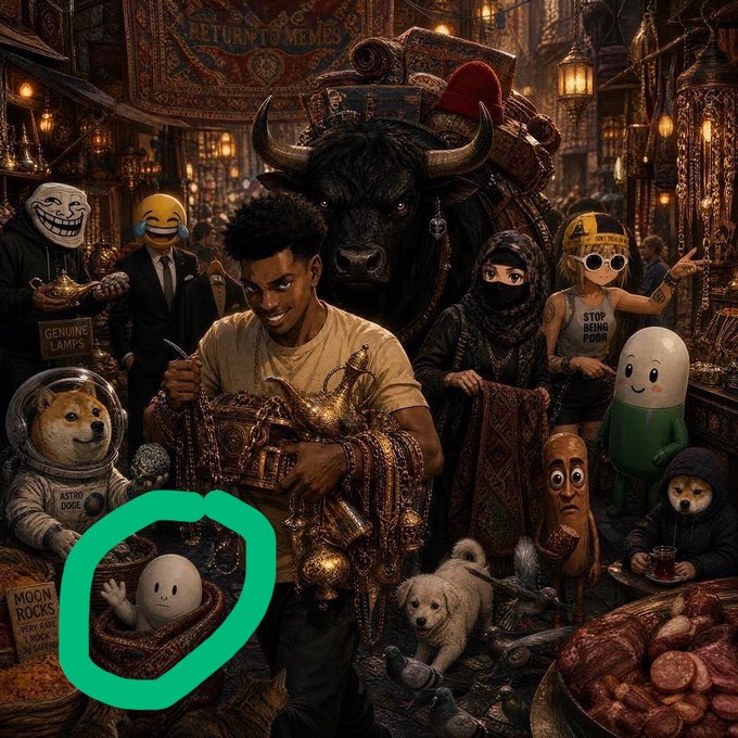 AI-generated 'Return to Memes' artwork depicting a marketplace scene filled with meme characters (Trollface, Doge, Wojak, Astro Doge) around a young man, with a green circle highlighting a small white figure in the lower left.