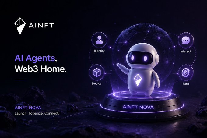 An advertisement for 'AINFT' features the tagline 'AI Agents, Web3 Home' and 'AINFT NOVA: Launch. Tokenize. Connect,' showcasing a futuristic robot character.