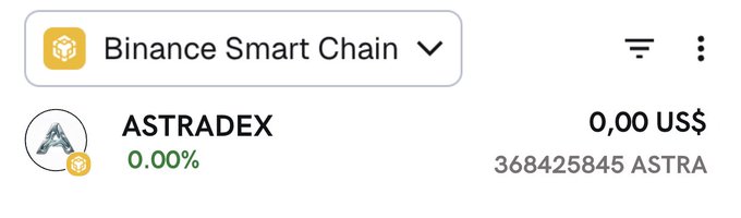 The image shows a Binance Smart Chain wallet displaying a balance of 0.00 US$ with 3,684,258,845 ASTRADEX (ASTRA) tokens held. This appears to be screenshot evidence related to the $ASTRA airdrop promotion, showing the token balance in a wallet on the BNB network.