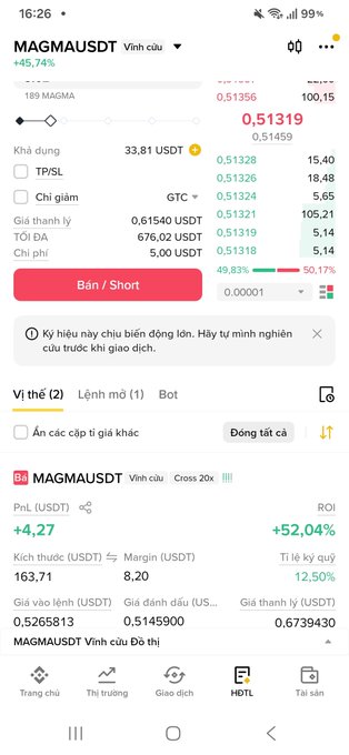 A mobile screenshot of a cryptocurrency trading app showing the MAGMAUSDT trading pair with a +45.74% gain, current price of 0.51319, and a red 'Bán / Short' (Sell/Short) button visible.