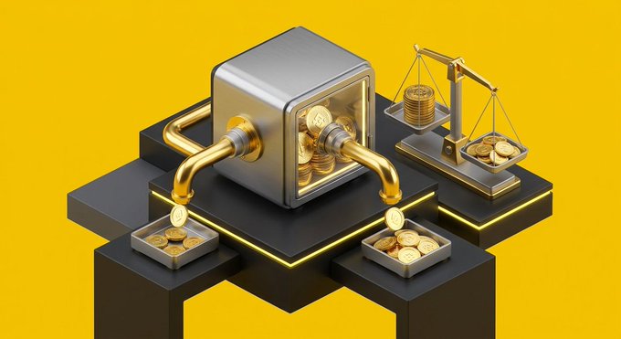 A 3D illustration shows a silver safe filled with gold coins, with pipes distributing coins into trays, alongside a gold balance scale weighing coins against a bright yellow background.