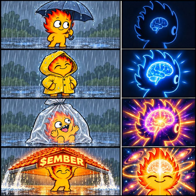 A four-panel comic showing a fire character progressively upgrading its protection from an umbrella to a raincoat, a plastic bag, and finally a house with a glowing brain symbol, each paired with an increasingly powerful glowing brain icon.