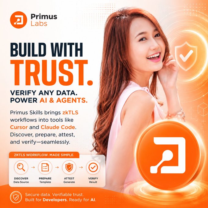 A promotional graphic for 'Primus Labs' featuring a smiling woman, with text reading 'BUILD WITH TRUST. VERIFY ANY DATA. POWER AI & AGENTS.' and a workflow diagram showing DISCOVER → PREPARE → ATTEST → VERIFY.