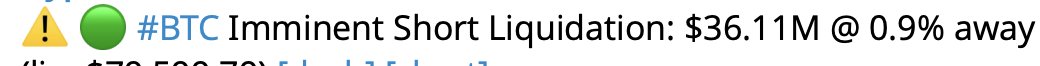 A market alert showing an imminent Bitcoin ($BTC) short liquidation of $36.11M, triggered just 0.9% away from current prices, highlighting the risk faced by heavily leveraged short sellers betting against BTC.