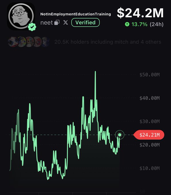 The image displays a price chart for the $NEET token (NotInEmploymentEducationTraining), showing a market cap of $24.2M with a 13.7% increase over 24 hours and 20.5K holders. The chart illustrates the token's volatile price history, peaking above $50M and currently hovering around $24.21M, supporting the post's claim that $NEET has built one of the strongest holder communities on Solana.