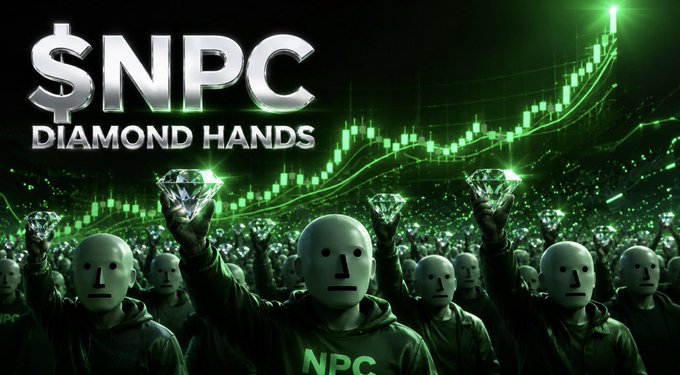 The image depicts a crowd holding diamonds with "$NPC DIAMOND HANDS" emblazoned above a rising stock chart, symbolizing a strong community holding onto their investments.