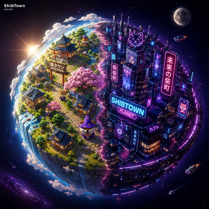 A vibrant digital artwork of a spherical planet split between a traditional Japanese village side with cherry blossoms and a futuristic neon cyberpunk city side, labeled 'ShibTown planet' and 'SHIBTOWN PLANET' with a Shiba Inu character wearing a wizard hat.