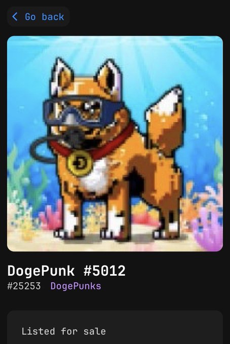 A digital NFT image of a pixel-art Shiba Inu dog wearing goggles and a red collar with a 'D' tag underwater, labeled 'DogePunk #5012' by 'DogePunks', listed for sale.