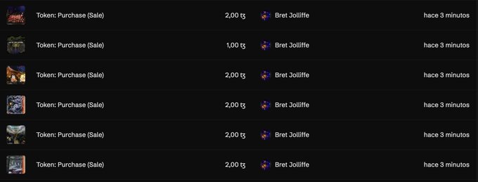 A dark-mode interface showing multiple 'Token: Purchase (Sale)' entries, all attributed to 'Bret Jolliffe' and timestamped 'hace 3 minutos,' with quantities ranging from 1.00 to 2.00 tokens.