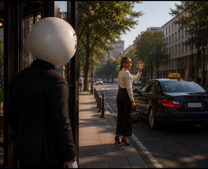 A street scene showing a white spherical-headed figure watching a stylish woman in a white blouse and black skirt wave near a taxi on a tree-lined city street.