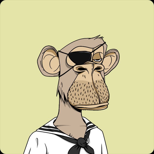 A cartoon illustration of a monkey wearing a black eye patch and a white sailor collar with a black tie, set against a yellow background.