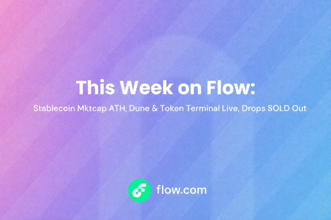 A gradient purple-and-blue graphic titled "This Week on Flow" with the subtitle "Stablecoin Mktcap ATH, Dune & Token Terminal Live, Drops SOLD OUT," featuring the flow.com logo and serving as a header for the post's updates on Flow's stablecoin market cap reaching a multi-year high of $74.6M and growth in PYUSD holders.